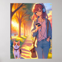 Anime Teenager Listening Music Walking Her Dog