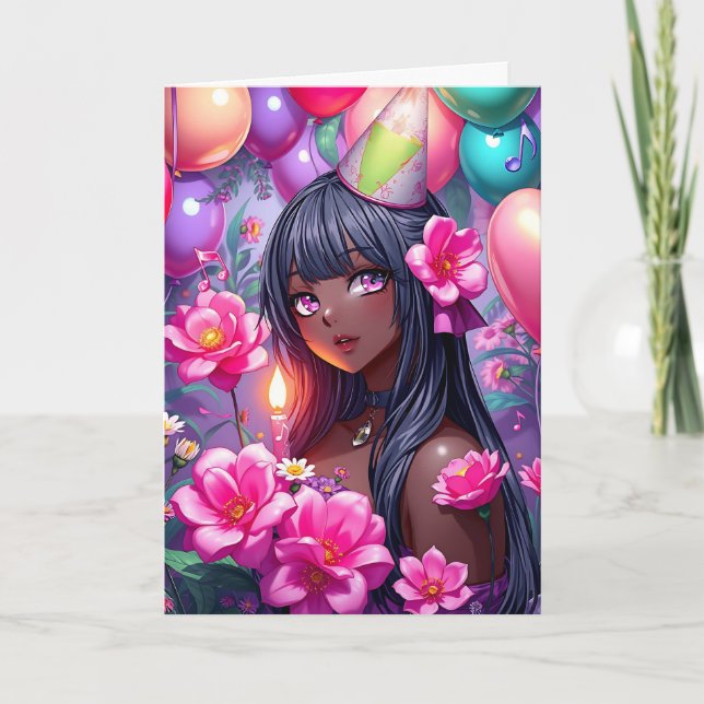 Anime Themed Birthday Girl of Colour  Card (Front)