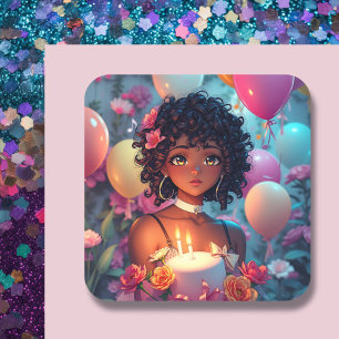 Anime Themed Birthday Girl of Colour Square Sticker