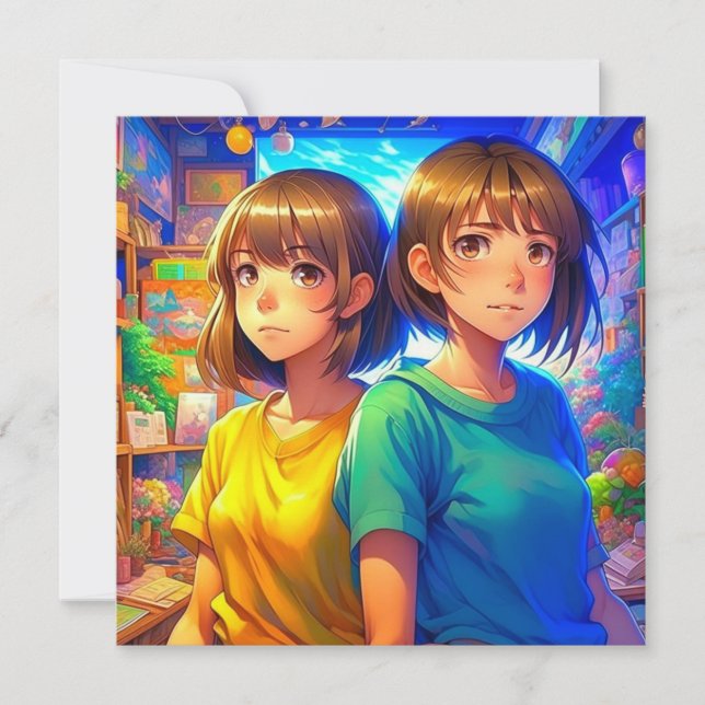 Anime Themed Twin Girl's Birthday Party Invitation (Front)