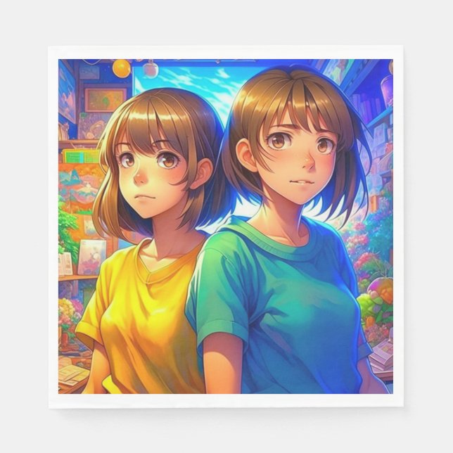 Anime Themed Twin Girl's Birthday Party Napkin (Front)