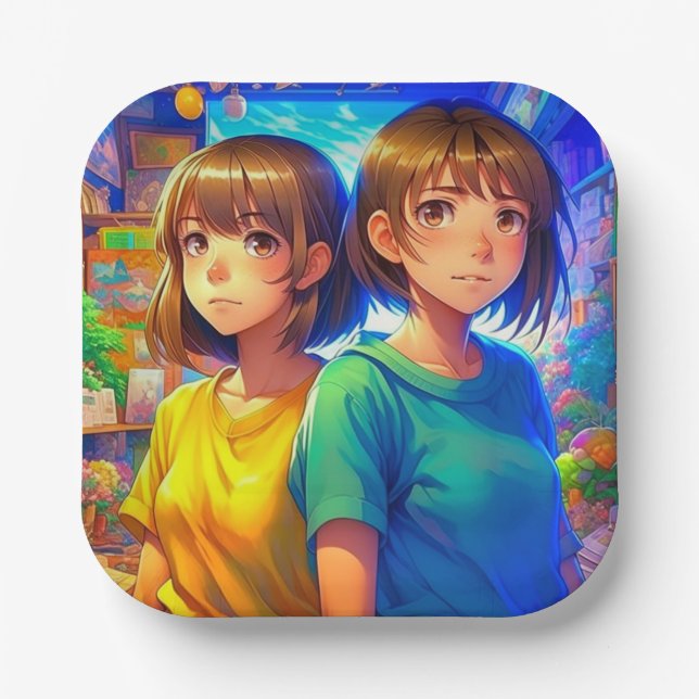 Anime Themed Twin Girl's Birthday Party Paper Plate (Front)