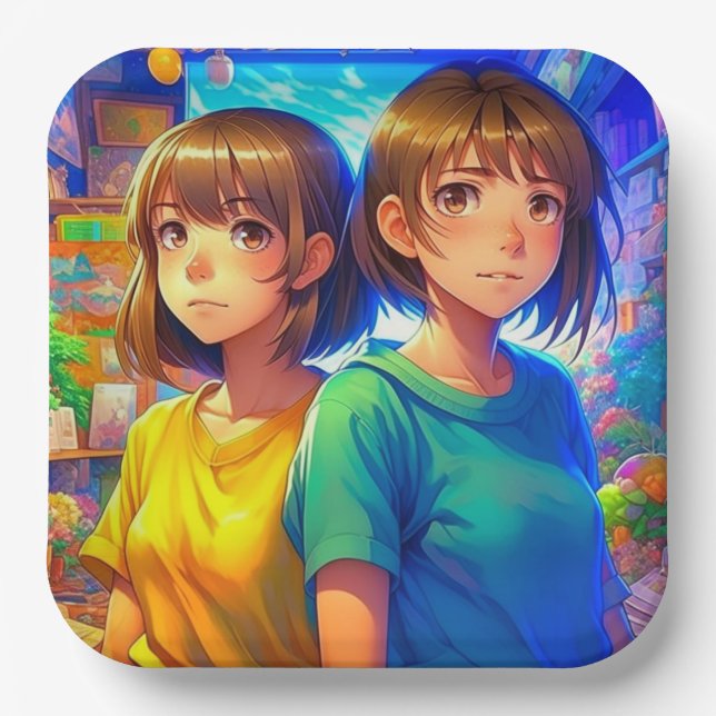 Anime Themed Twin Girl's Birthday Party Paper Plate (Front)