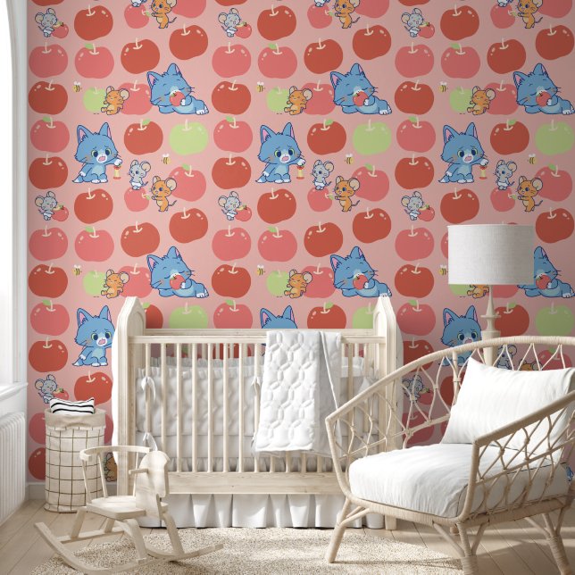Anime Tom, Jerry, and Tuffy Apple Pattern Wallpaper (Kids)