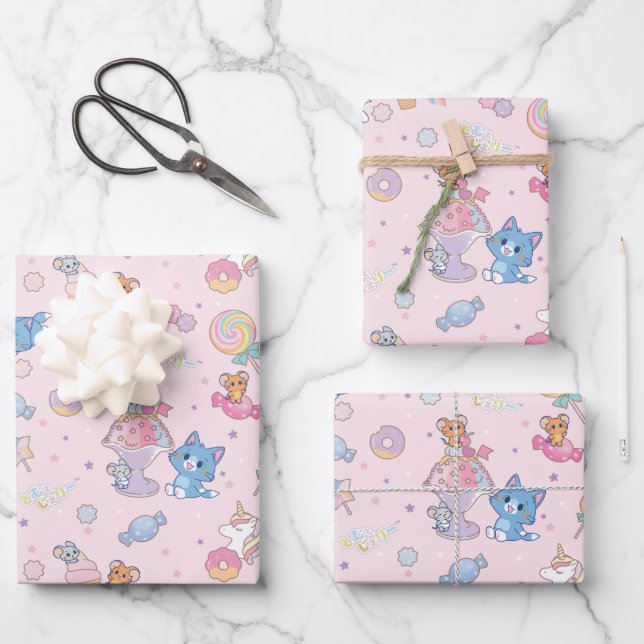 Anime Tom, Jerry, and Tuffy Candyland Pattern Wrapping Paper Sheet (Front)