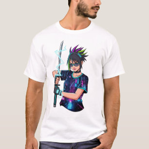 Anime Warrior Girl – Cyberpunk Neon Katana T-Shirt
