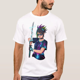 Anime Warrior Girl – Cyberpunk Neon Katana T-Shirt