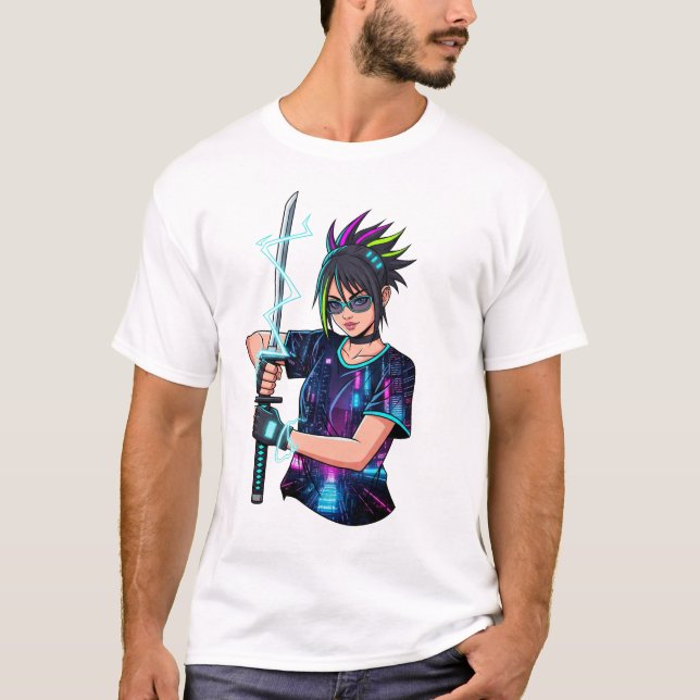Anime Warrior Girl – Cyberpunk Neon Katana T-Shirt (Front)