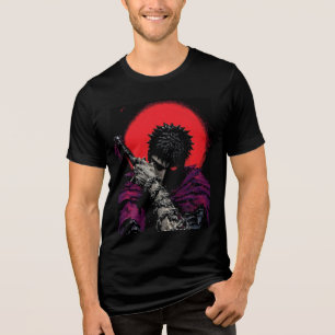 Anime Warrior Red Moon Sword Hug Art Tri-Blend Shirt