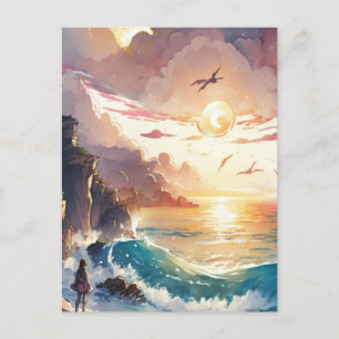 Anime watercolor of young girl and sunset postcard