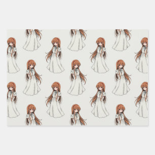 Anime Weeb Girl Manga Pattern Design Wrapping Paper Sheet