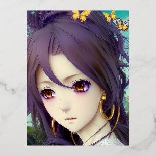 Anime White Shirt Graphic with Hoop Earrings and B Foil Holiday Postcard