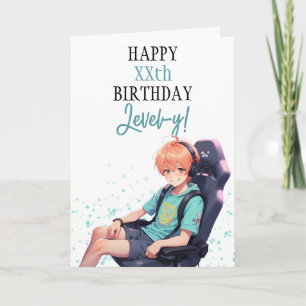 Anime White & Teal Gamer on Chair Age Birthday Card