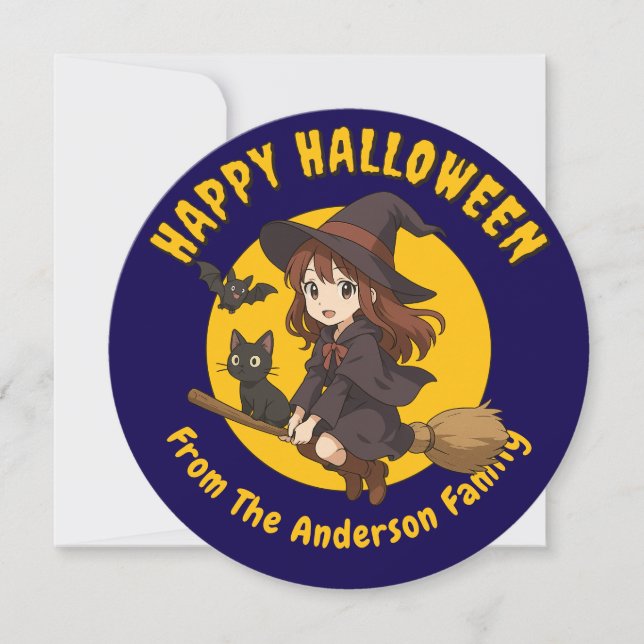 Anime Witch & Cat On Broom Halloween Holiday Card (Front)