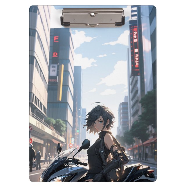 Anime woman biking downtown clipboard (Front)