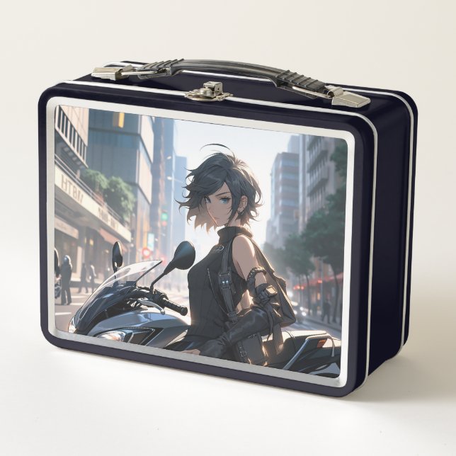 Anime woman biking downtown metal lunch box (Front)