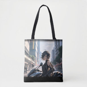 Anime woman biking downtown tote bag