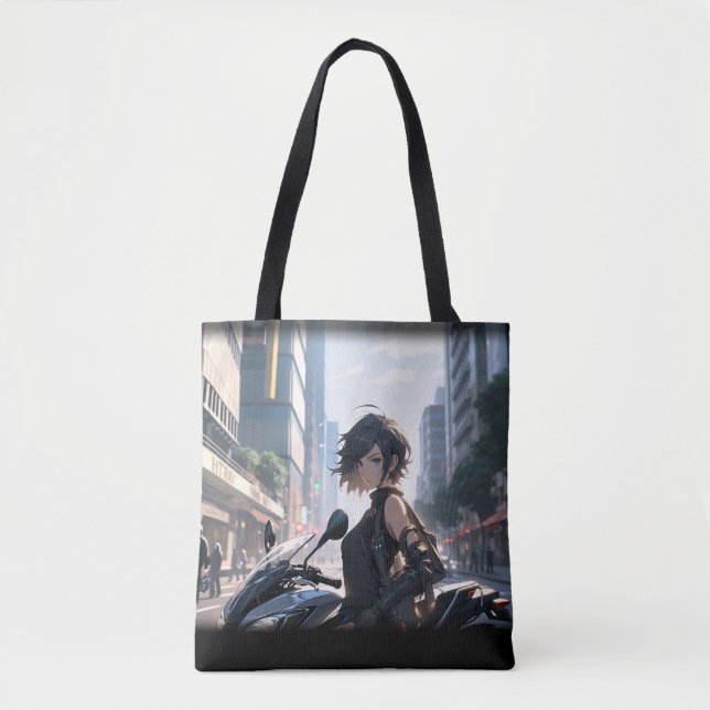 Anime woman biking downtown tote bag (Front)