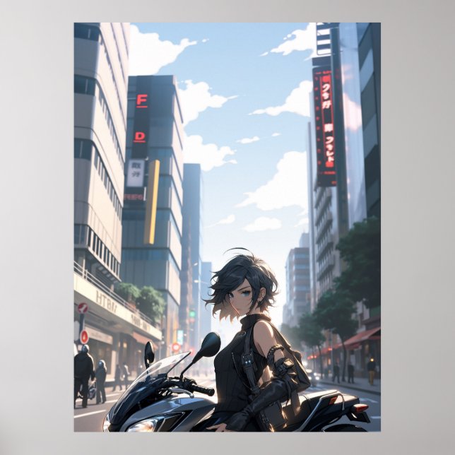Anime woman biking downtown - Ultra tall Poster (Front)