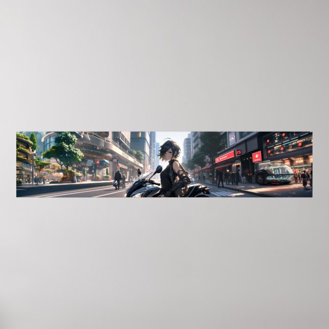 Anime woman biking downtown - Ultra wide Poster (Front)
