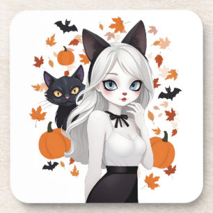 Anime woman with black cat. coaster