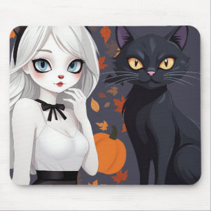 Anime woman with black cat. mouse mat
