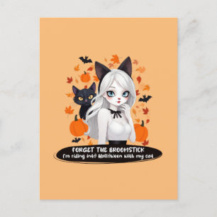 Anime woman with black cat. postcard