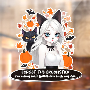 Anime woman with black cat. window cling