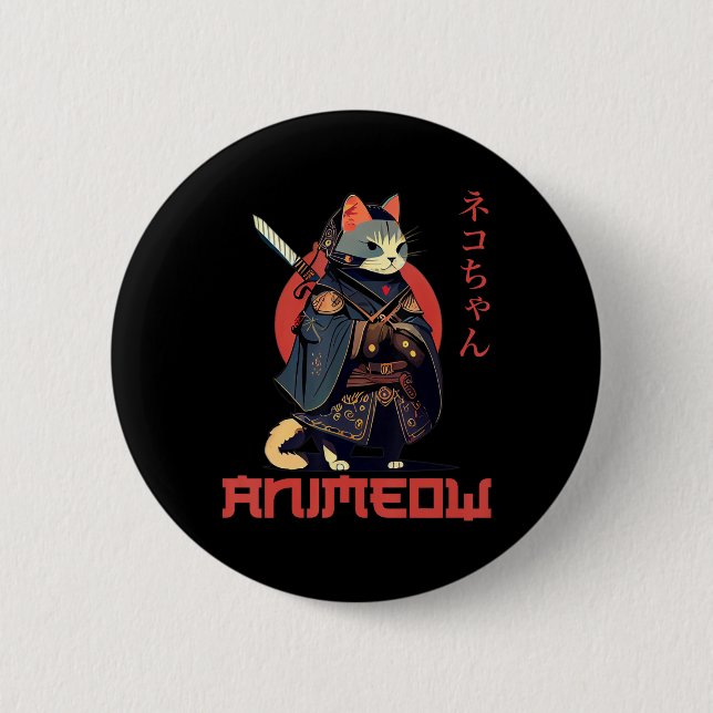 ANIMEOW Fun Cute Samurai Kawaii Cat Ninja Costume  6 Cm Round Badge (Front)