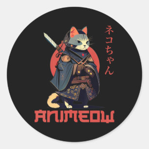 ANIMEOW Fun Cute Samurai Kawaii Cat Ninja Costume  Classic Round Sticker