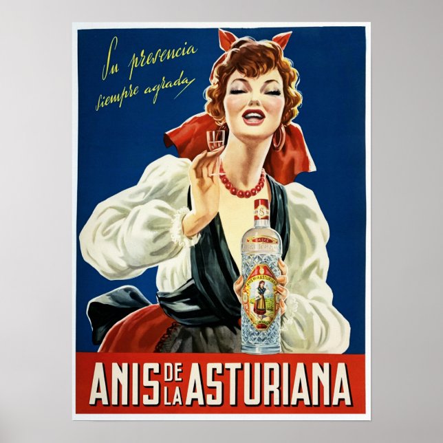 ANIS DE LA ASTURIANA Spanish Aniseed Liquor Old Poster (Front)