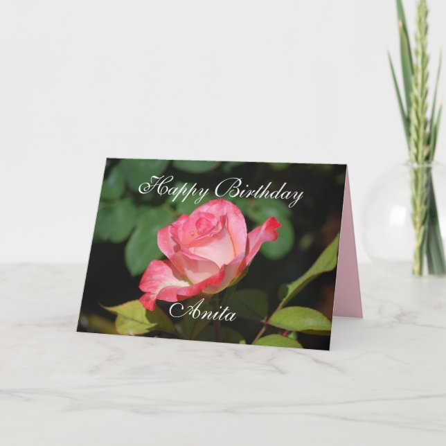 Anita Happy Birthday Pink and White Rose Card (Front)