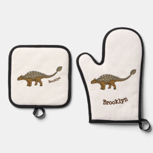 Ankylosaurus armoured dinosaur illustration oven mitt & pot holder set