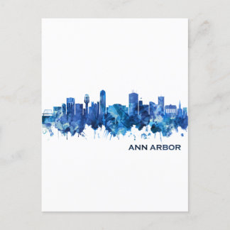 Ann Arbor Michigan Skyline Blue Holiday Postcard