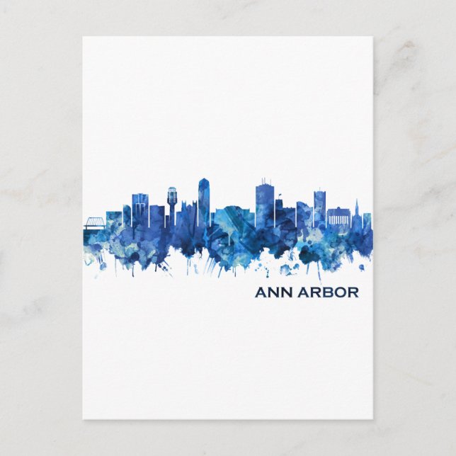 Ann Arbor Michigan Skyline Blue Holiday Postcard (Front)