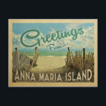 Anna Maria Island Beach Vintage Travel Postcard<br><div class="desc">This Greetings From Anna Maria Island vintage postcard design features a sandy beach with a beautiful turquoise ocean water and above the sea,  a blue sky with billowy white clouds. In vintage travels style.</div>