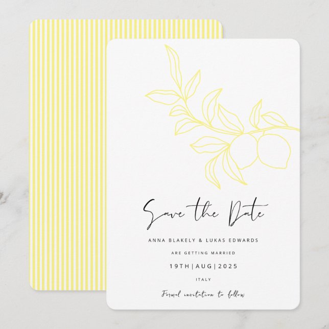 ANNA Modern Italian Lemon Stripes Save the Date Invitation (Front/Back)