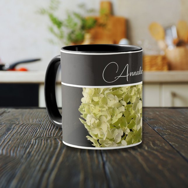 Annabelle Hydrangea Flowers Photo Mug (Green-white  hydrangea and black with personalized name)