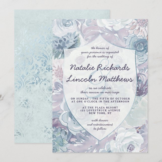 Annabelle Vintage Blue Floral Crest Wedding Invitation (Front/Back)