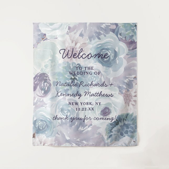 Annabelle Vintage Blue Floral Wedding Welcome Tapestry (Front)