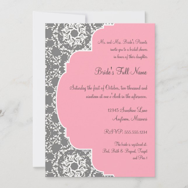 AnnaLiese Damask - Pink and Grey Bridal Shower Invitation (Front)