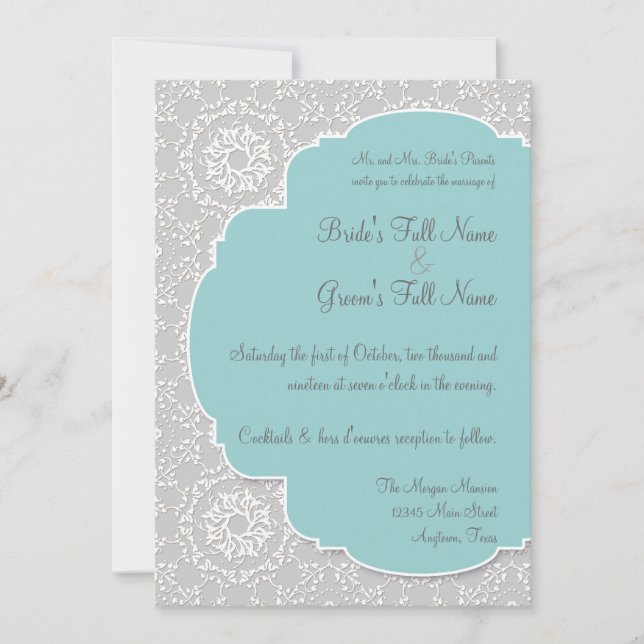 AnnaLiese Peacock Damask - Aqua Blue Grey Invite (Front)