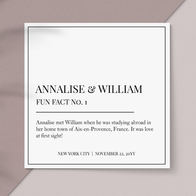 Annalise Simple Black White Fun Fact 1 Wedding Napkin (Creator Uploaded)