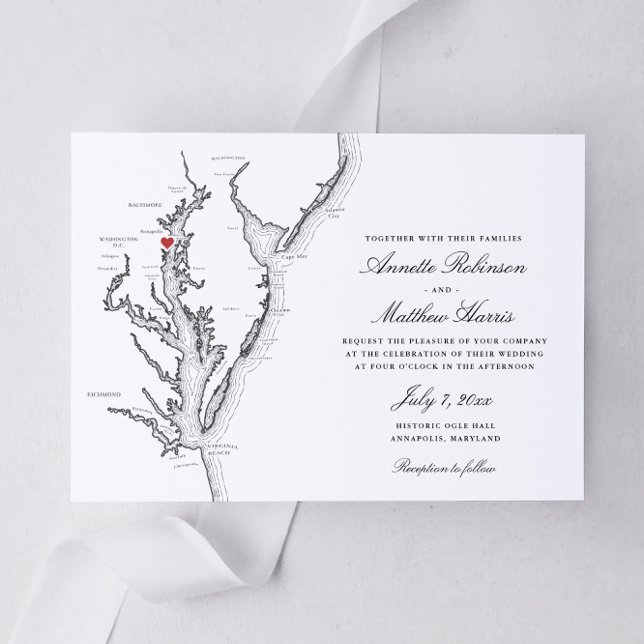 Annapolis Chesapeake Bay Black and White Wedding Invitation (Annapolis Maryland Elegant black and white map wedding invitation with the Chesapeake Bay)