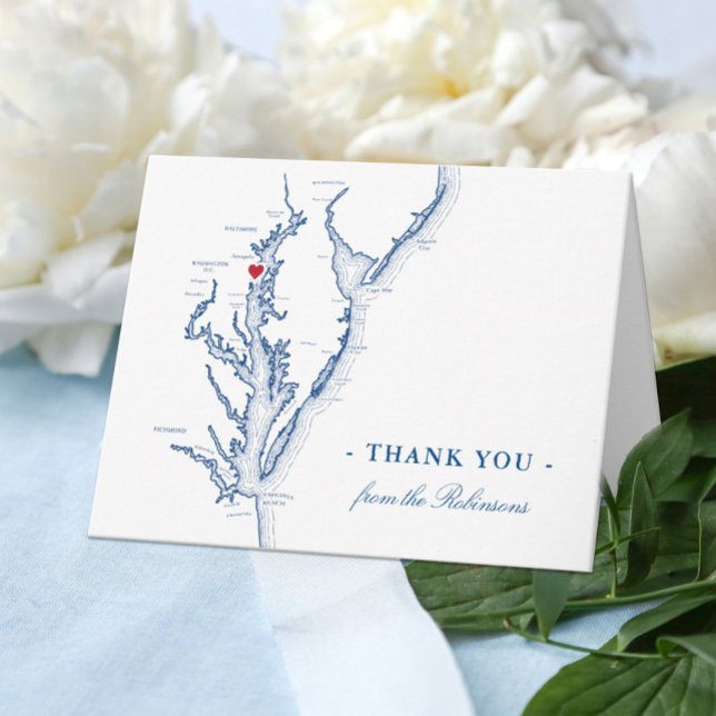 Annapolis Chesapeake Bay Map Wedding Personalised Thank You Card (Annapolis MD Personalized Wedding Thank You card with elegant navy blue Chesapeake Bay map)