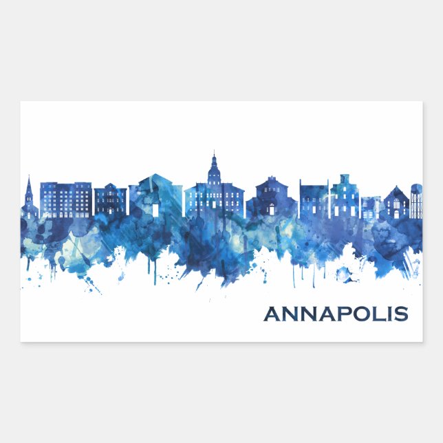 Annapolis Maryland Skyline Blue Rectangular Sticker (Front)