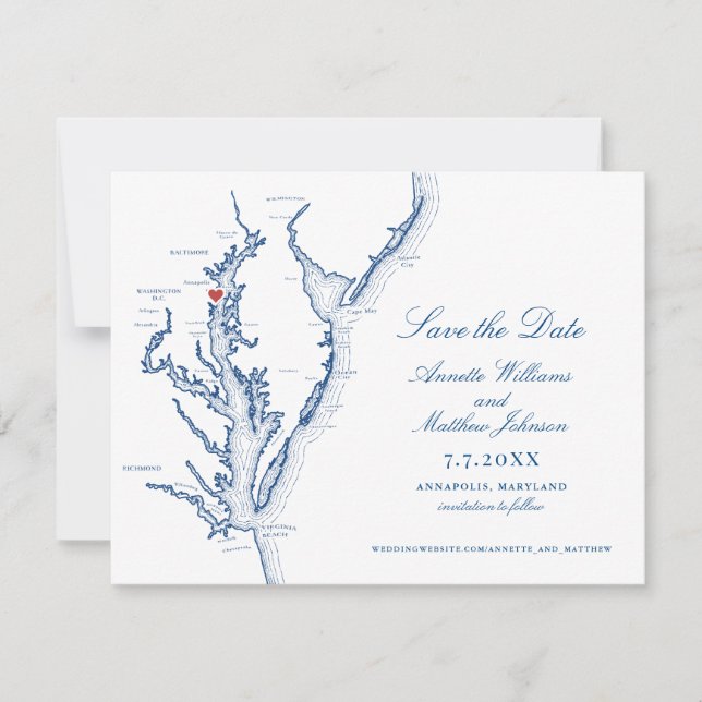 Annapolis Maryland Wedding Elegant Navy Map Save The Date (Front)