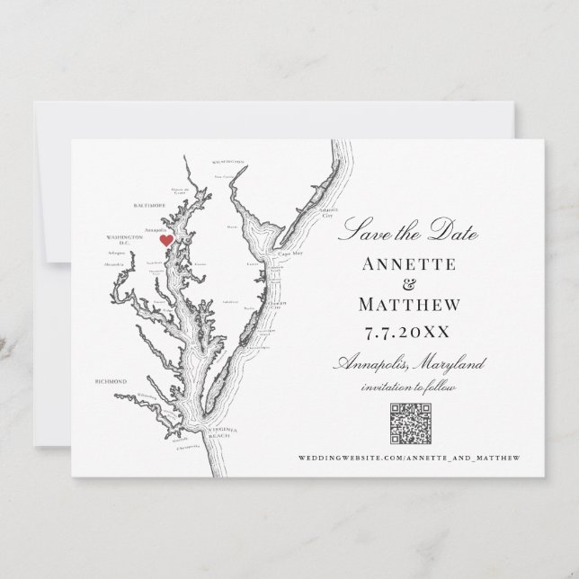 Annapolis MD Wedding Elegant Black White QR code Save The Date (Front)