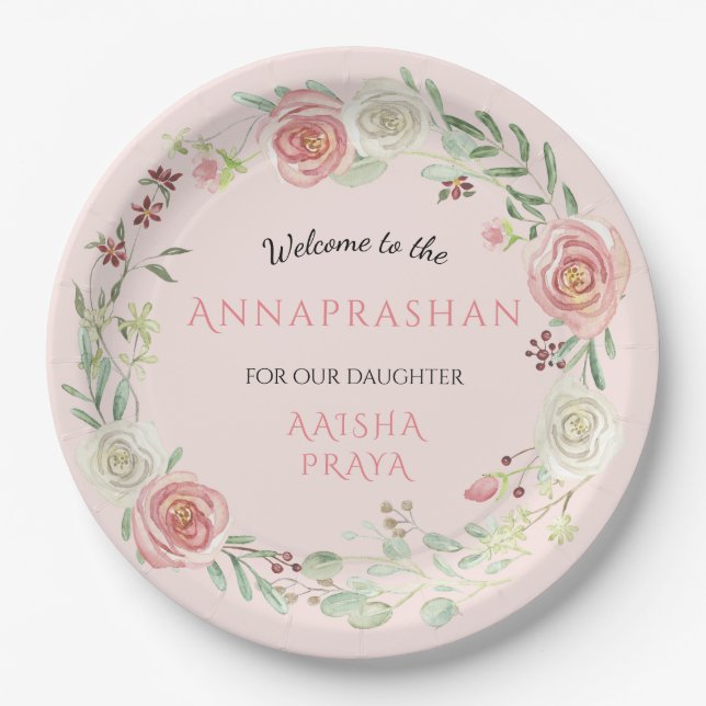 Annaprashan Baby Girl Watercolor Floral Wreath Paper Plate (Front)