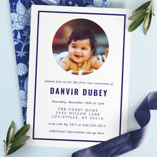 Annaprashan Blue Floral First Rice Ceremony Photo Invitation (Creator Uploaded)